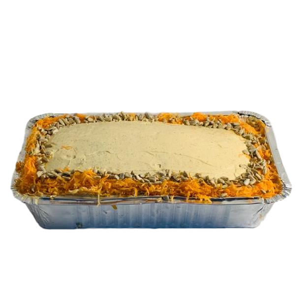 Traditional carrot cake with cream cheese icing lightly topped with seed mix & grated carrots.