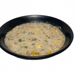 A creamy chili with tender white beans, roast jalapeños, shredded chicken and corn in tangy white sauce.