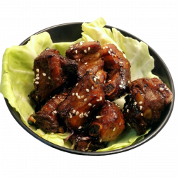 Pork short rib tips, teriyaki sauce, soya sauce, ginger, brown sugar, garlic, black pepper and sesame seeds. 